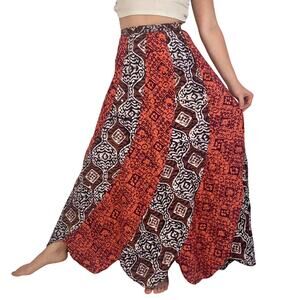 Vintage 1970s Red Brown Block Print Cotton Maxi Skirt Bias Cut Boho Swirler 25W